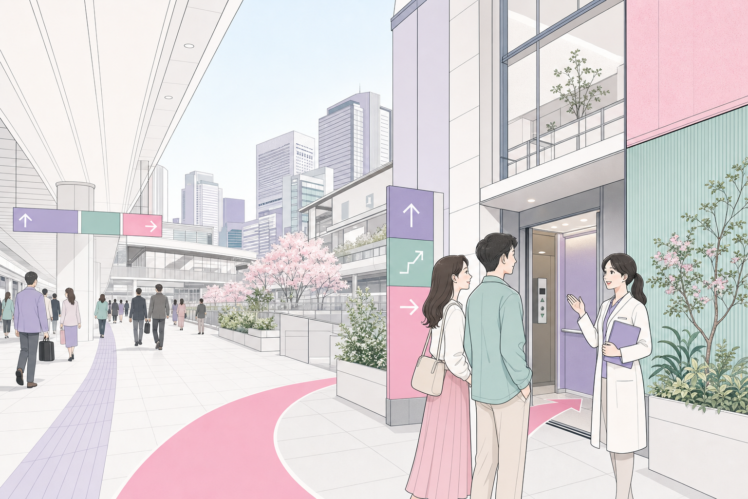 从大阪站前往诊所并由医疗协调人员接待的插画