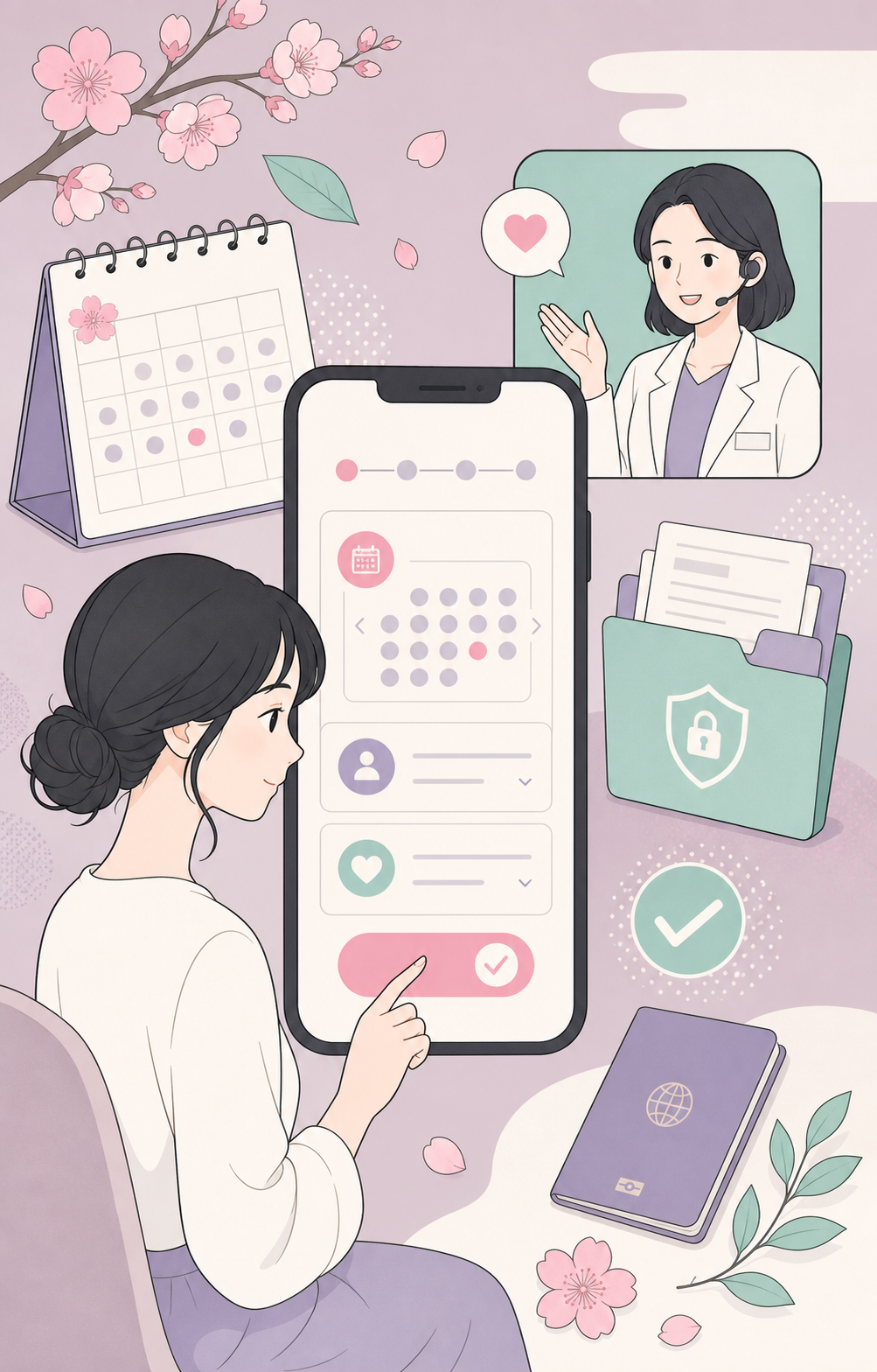 通过手机填写预约并获得医疗协调支持的插画