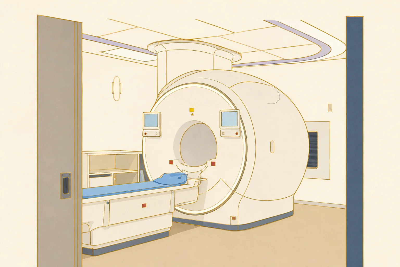 TIMC OSAKA Ingenia Ambition 1.5T MRI 检查室的风格化插画