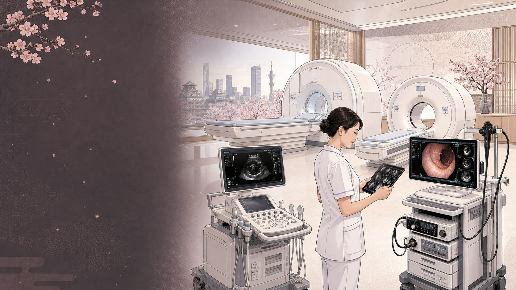 CT、MRI、超声与内镜协同工作的先进体检设备插画